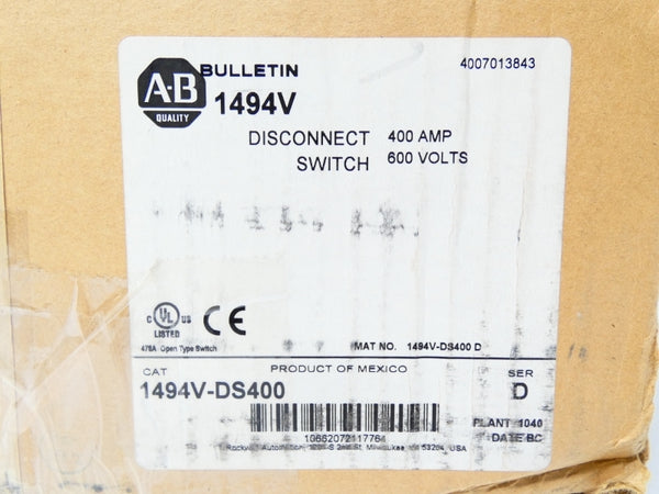ALLEN BRADLEY 1494V-DS400 SER. D 600V 400A (BR/WH) NSMP