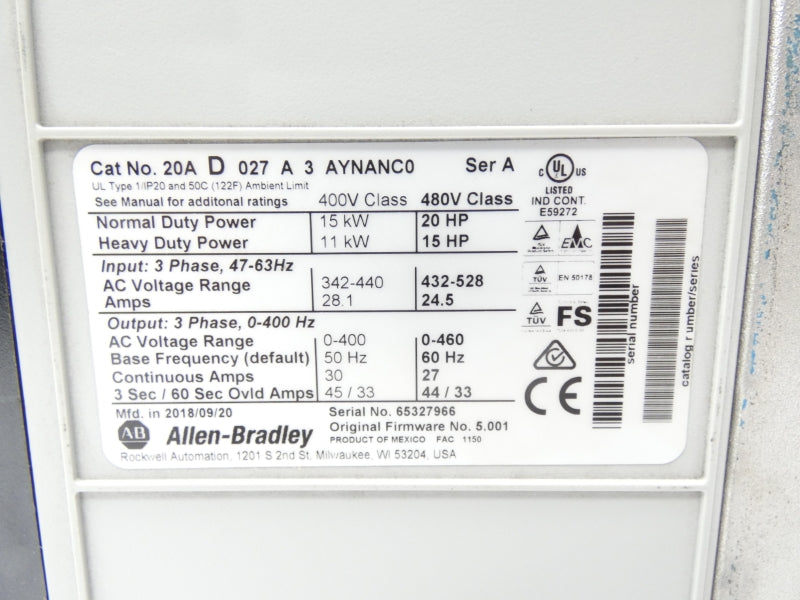 ALLEN BRADLEY 20AD027A3AYNANC0 SER. A F/W 5.001 432-528V 30A (AS PICTURED) NSNP