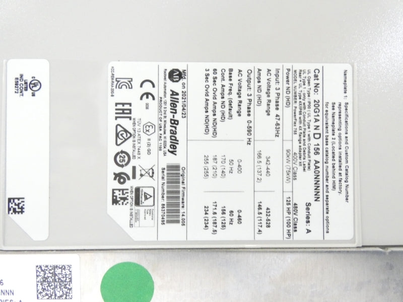ALLEN BRADLEY 20G1AND156AA0NNNNN SER. A 432-528V 156A NSMP
