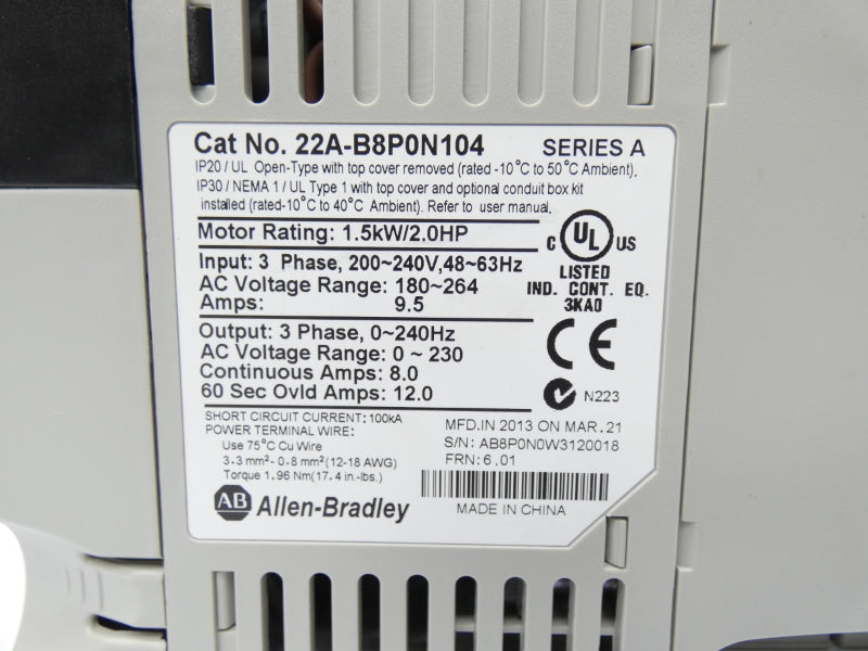 ALLEN BRADLEY 22A-B8P0N104 SER. A F/W 6.01 180-264V 9.5A NSNP