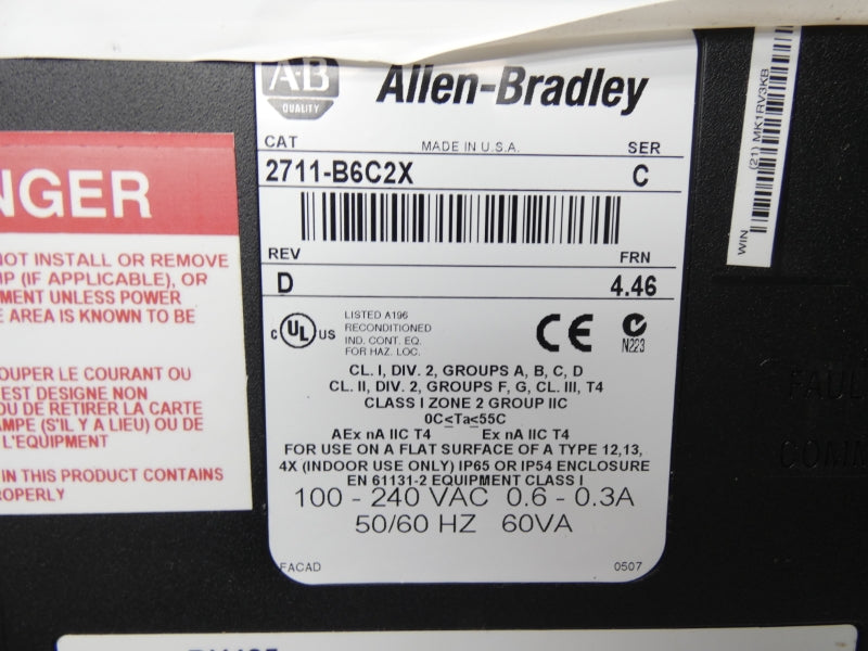 ALLEN BRADLEY 2711-B6C2X SER. C REV. D F/W 4.46 100-240VAC 0.6-0.3A REMAN