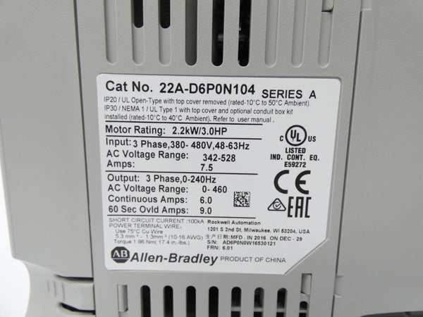 ALLEN BRADLEY 22A-D6P0N104 SER. A F/W 6.01 342-528V 6.0A NSMP