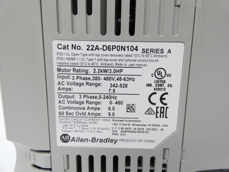 ALLEN BRADLEY 22A-D6P0N104 SER. A F/W 6.01 342-528V 6.0A NSMP