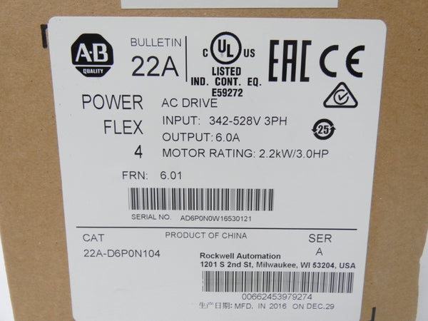 ALLEN BRADLEY 22A-D6P0N104 SER. A F/W 6.01 342-528V 6.0A NSMP