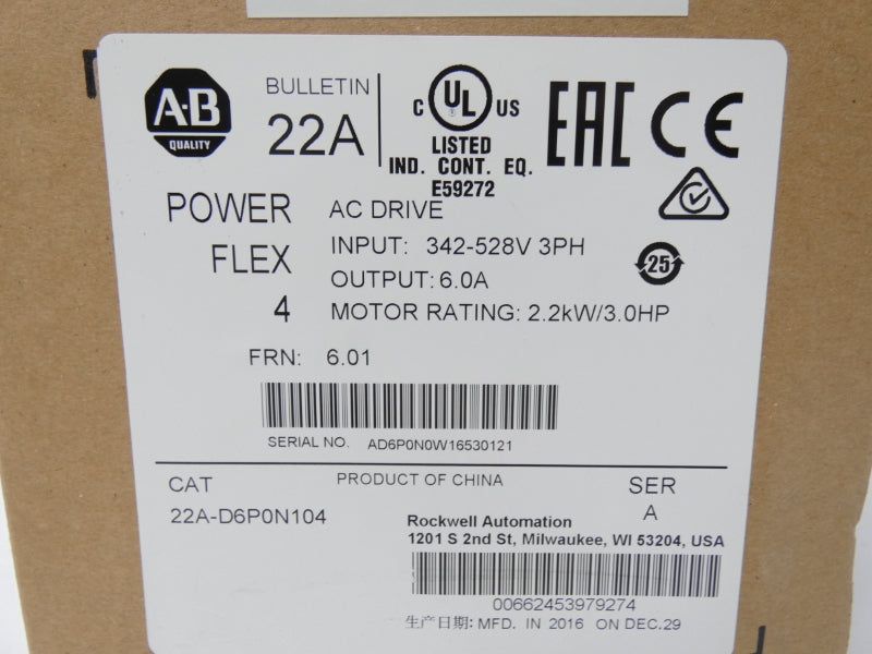 ALLEN BRADLEY 22A-D6P0N104 SER. A F/W 6.01 342-528V 6.0A NSMP