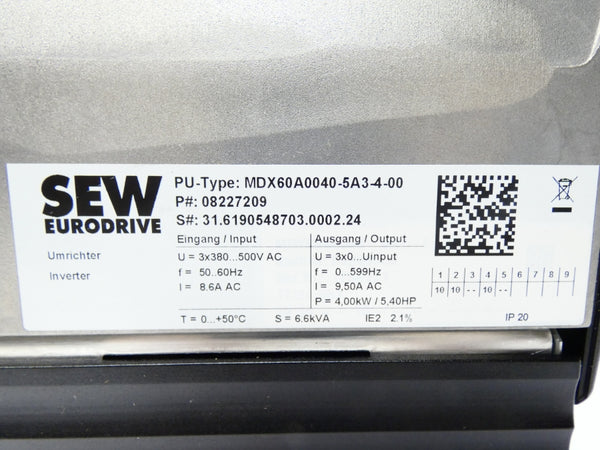 SEW EURODRIVE MDX61B0040-5A3-4-00 08243492 380-500VAC 8.6A NSMP