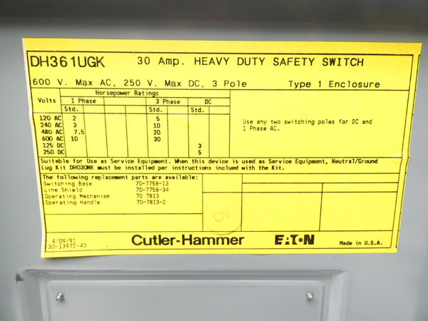 CUTLER HAMMER DH361UGK 600VAC 30A NSNP