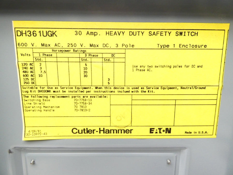 CUTLER HAMMER DH361UGK 600VAC 30A NSNP