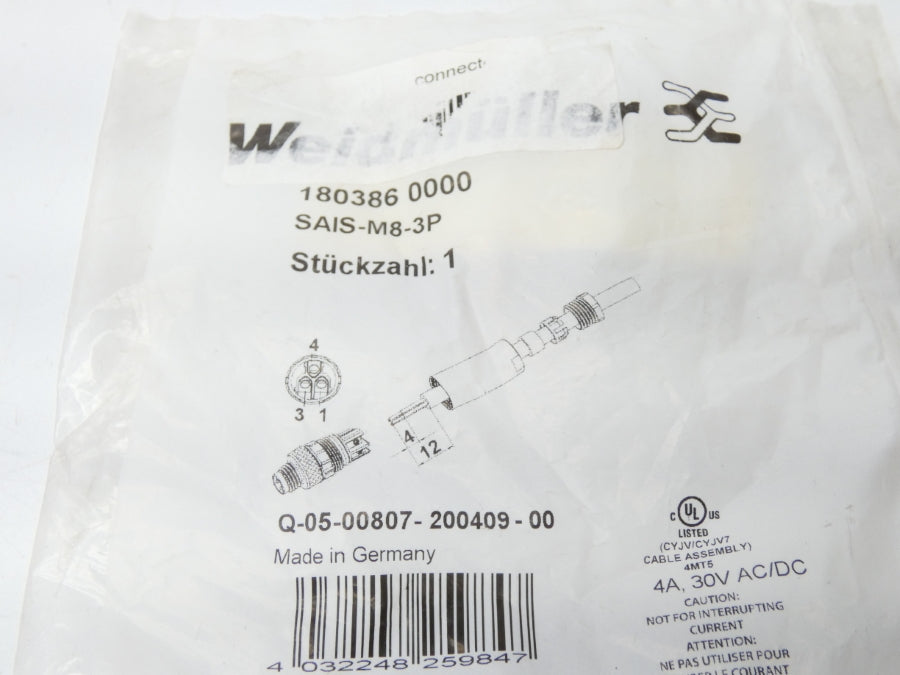 WEIDMULLER 180386000 SAIS-M8-3P 30VDC 4A NSMP