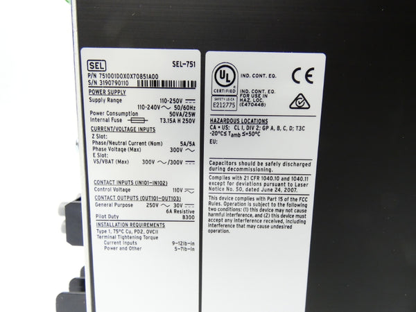 SEL 751001D0X0X70851A00 SEL-751 110-240V 5A NSMP