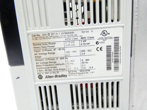 ALLEN BRADLEY 20AD2P1A1AYNNNNN SER. A F/W 1.011 432-528V 2.5A (AS PIC) UNMP