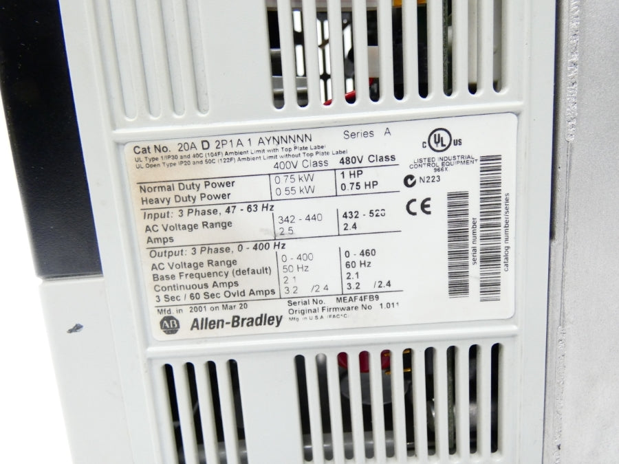 ALLEN BRADLEY 20AD2P1A1AYNNNNN SER. A F/W 1.011 432-528V 2.5A (AS PIC) UNMP