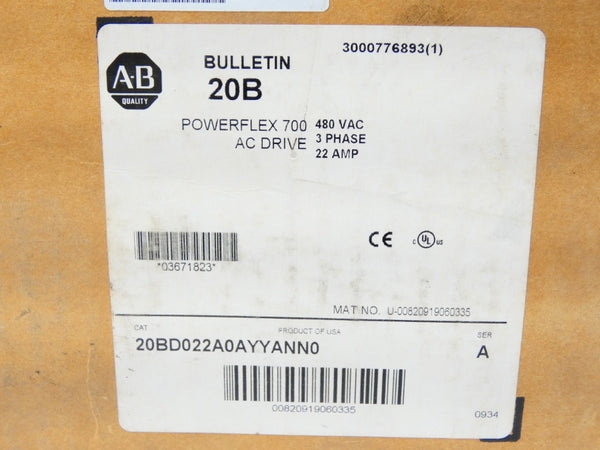 ALLEN BRADLEY 20BD022A0AYYANN0 SER. A 480VAC 22A NSFS