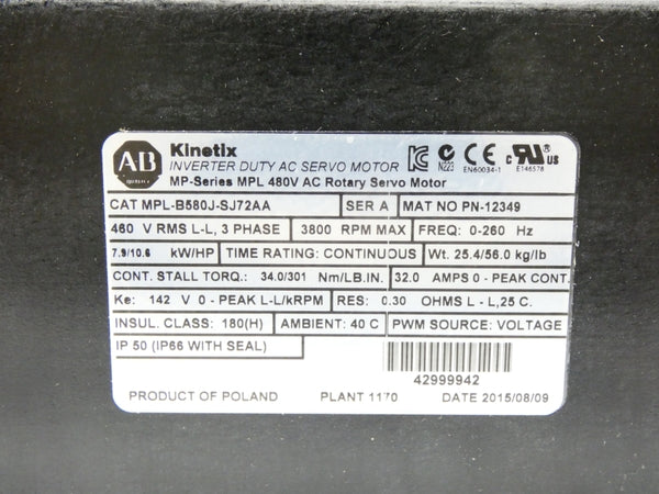 INDUSTRIAL SPARE PART MPL-B580J-SJ72AA SER. A 480V 32A NSMP