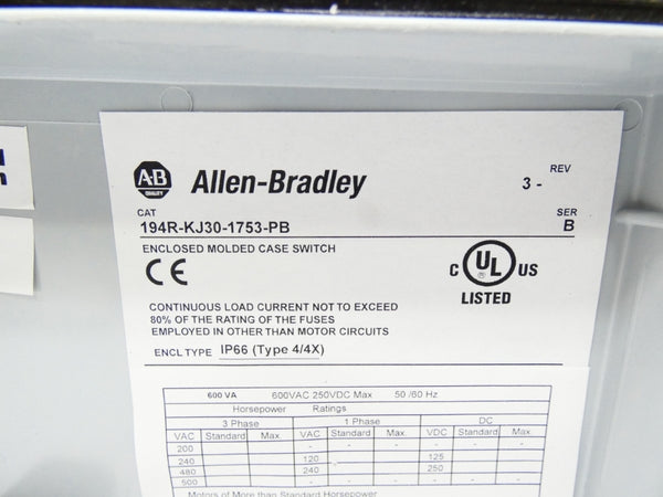 INDUSTRIAL SPARE PART 194R-KJ30-1753-PB SER. B 600VAC 30A NSMP