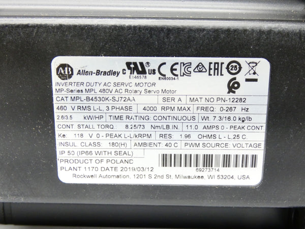 INDUSTRIAL SPARE PART MPL-B4530K-SJ72AA SER. A 480V 11A NSMP