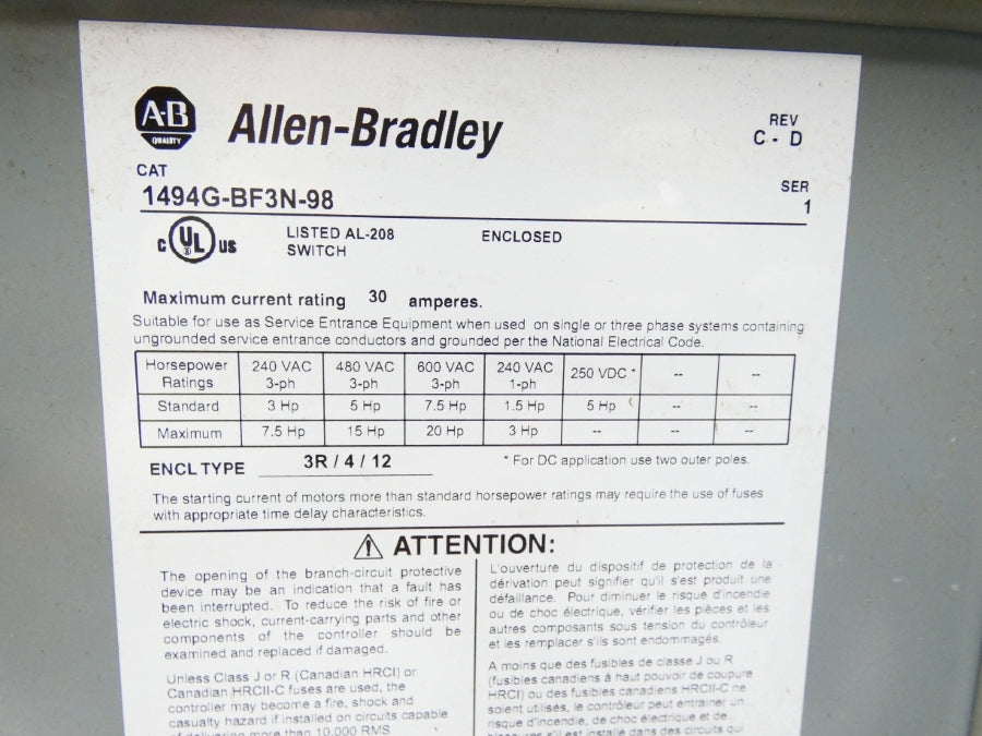 ALLEN BRADLEY 1494G-BF3N-98 SER. 1 REV. C-D 600V 30A NSNP