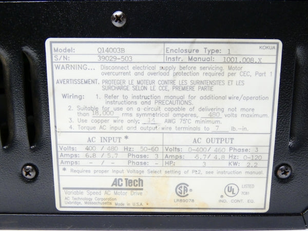 AC TECH Q14003B 400/480V 6.8/5.7A UNMP