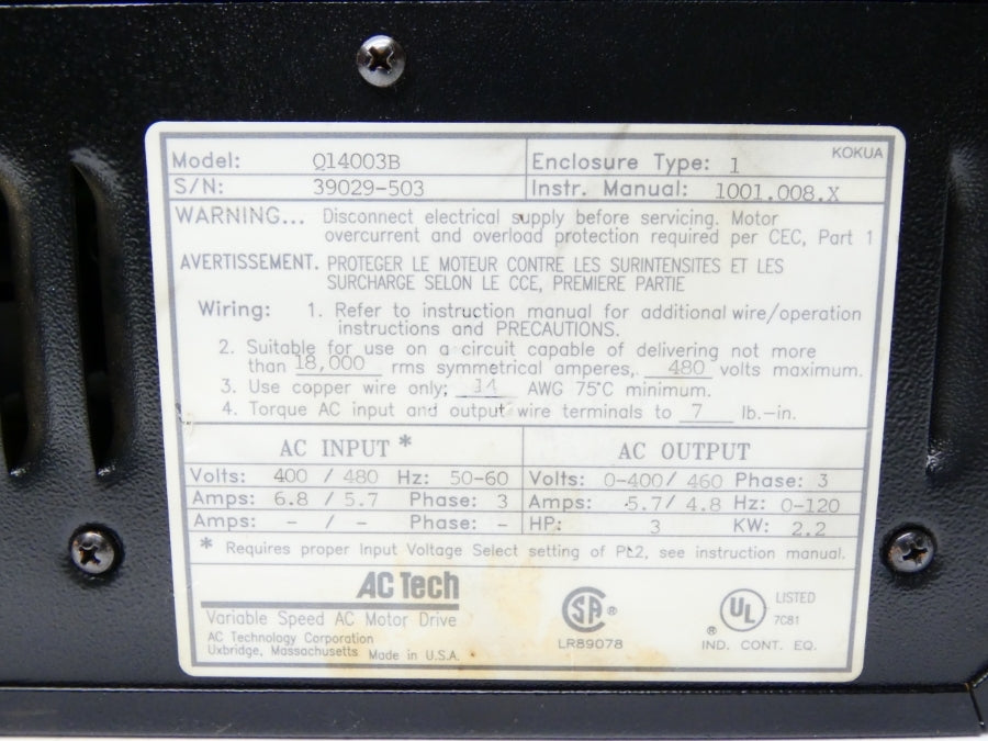 AC TECH Q14003B 400/480V 6.8/5.7A UNMP