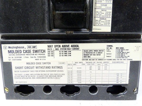 WESTINGHOUSE LA3400WK 600VAC 400A NSMP
