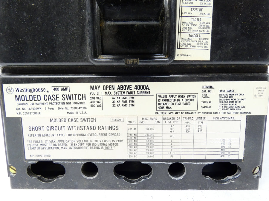 WESTINGHOUSE LA3400WK 600VAC 400A NSMP