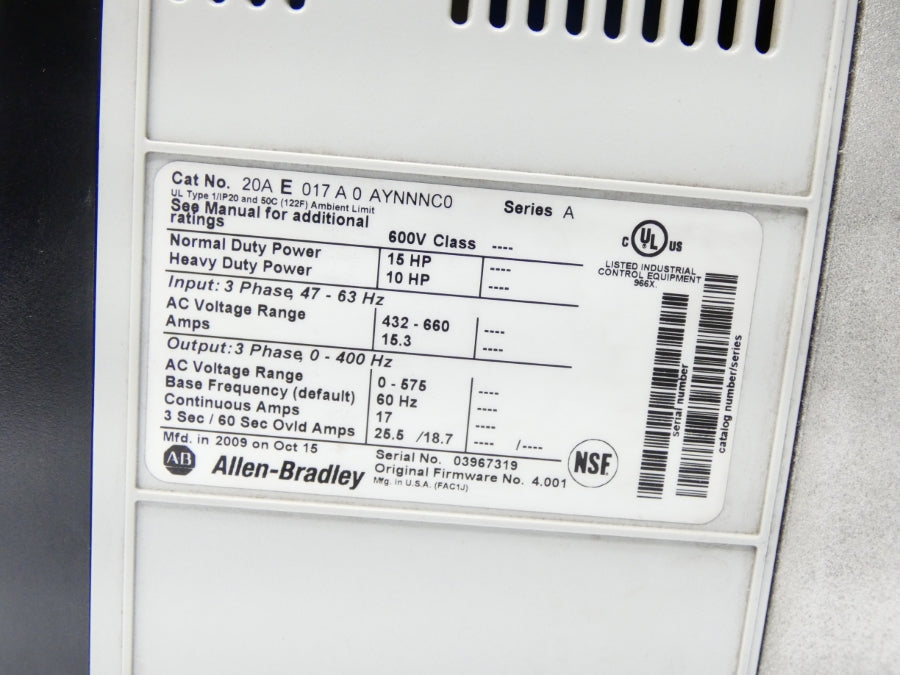 ALLEN BRADLEY 20AE017A0AYNNNC0 SER. A 432-660VAC 15.3A UNMP