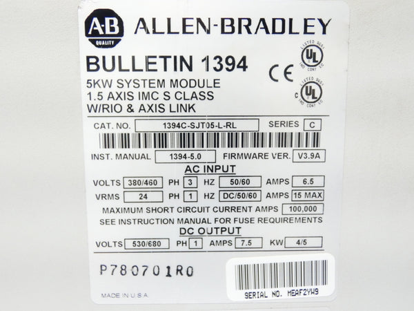 INDUSTRIAL SPARE PART 1394C-SJT05-L-RL SER. C F/W V3.9A 380/460VAC 6.5A UNMP