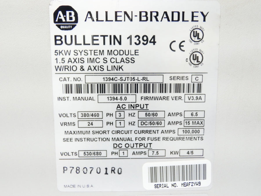 ALLEN BRADLEY 1394C-SJT05-L-RL SER. C F/W V3.9A 380/460VAC 6.5A UNMP