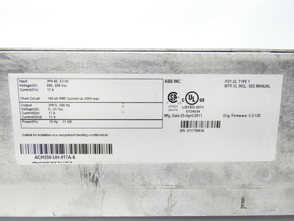 ABB ACH550-UH-017A-6 F/W V.3.13D 500-600VAC 17A UNMP