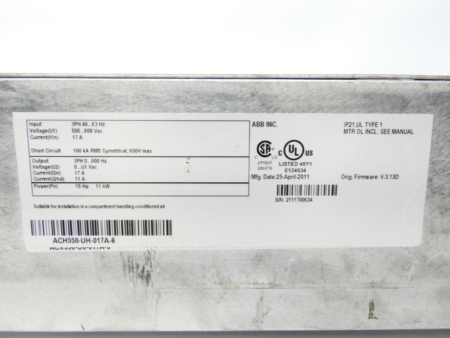 ABB ACH550-UH-017A-6 F/W V.3.13D 500-600VAC 17A UNMP