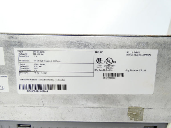 ABB ACH550-UH-011A-6 F/W V.3.13D 500-600VAC 11A UNMP