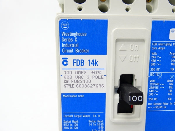 WESTINGHOUSE FDB3100 6638C27G96 SER. C 600VAC 100A NSMP