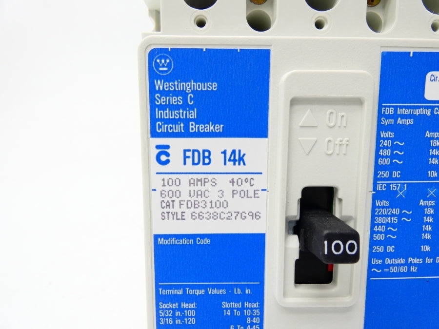 WESTINGHOUSE FDB3100 6638C27G96 SER. C 600VAC 100A NSMP