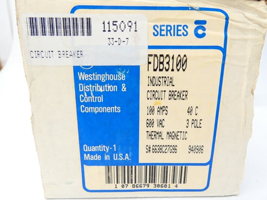 WESTINGHOUSE FDB3100 6638C27G96 SER. C 600VAC 100A NSMP