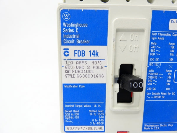 WESTINGHOUSE FDB3100L 6638C31G96 SER. C 600VAC 100A NSMP