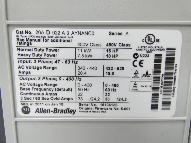 ALLEN BRADLEY 20AD022A3AYNANCO 480V 20.4A SER. A F/W 5.001 NSMP