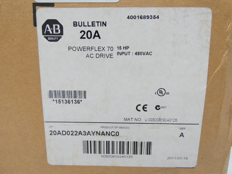 ALLEN BRADLEY 20AD022A3AYNANCO 480V 20.4A SER. A F/W 5.001 NSMP