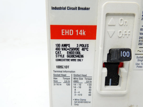 CUTLER HAMMER EHD3100L 6638C94G96 SER. C 480VAC 100A NSMP