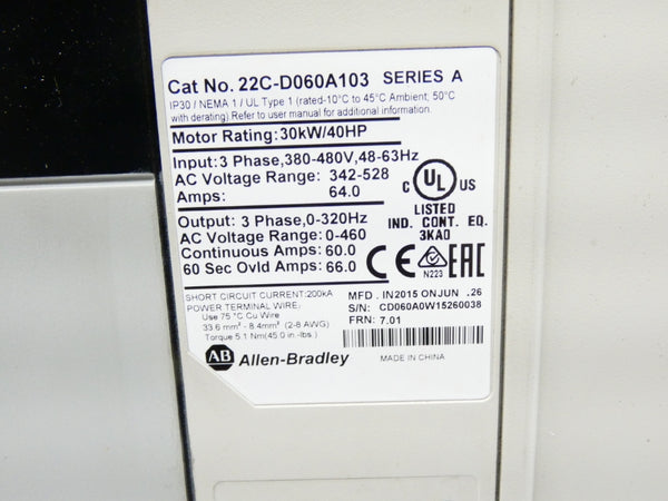 INDUSTRIAL SPARE PART 22C-D060A103 SER. A F/W 7.01 342-528VAC 64A (AS PICTURED) UNMP