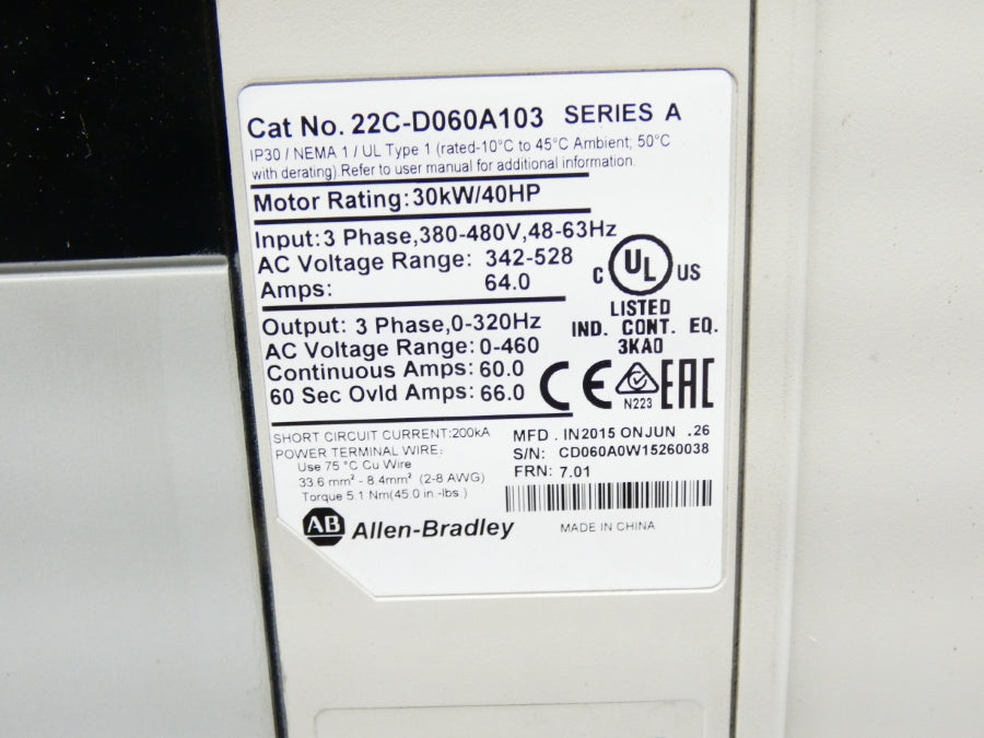 ALLEN BRADLEY 22C-D060A103 SER. A F/W 7.01 342-528VAC 64A (AS PICTURED) UNMP