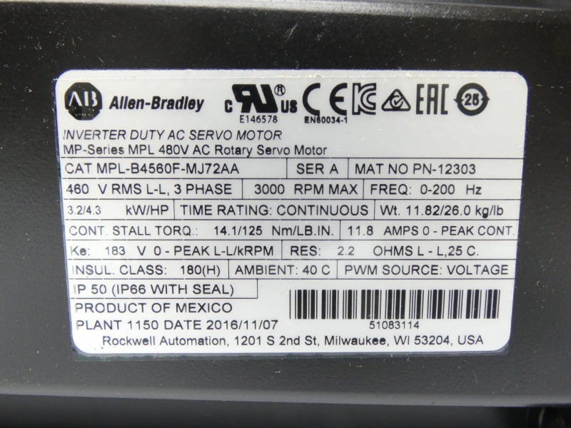 ALLEN BRADLEY MPL-B4560F-MJ72AA SER. A 480VAC 11.8A NSMP
