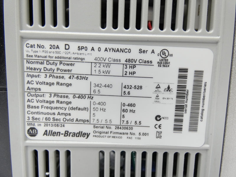 ALLEN BRADLEY 20AD5P0A0AYNANC0 SER. A F/W 5.001 432-528V 7.5/5.5A NSMP
