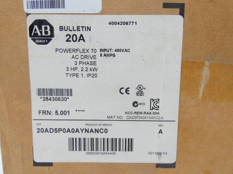 ALLEN BRADLEY 20AD5P0A0AYNANC0 SER. A F/W 5.001 432-528V 7.5/5.5A NSMP