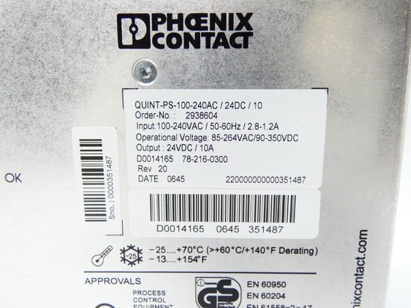 PHOENIX CONTACT QUINT-PS-100-240AC/24DC/10 2938604 REV. 20 2.8-1.2A NSMP