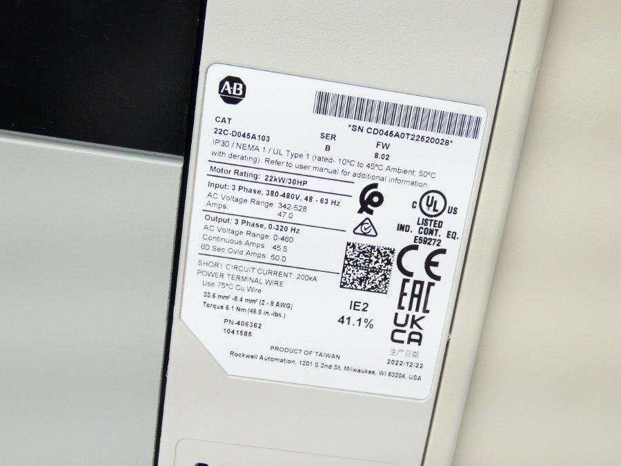 ALLEN BRADLEY 22C-D045A103 SER. B F/W 8.02 342-528V 45.5A NSMP