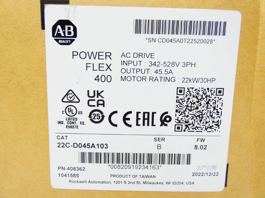 ALLEN BRADLEY 22C-D045A103 SER. B F/W 8.02 342-528V 45.5A NSMP