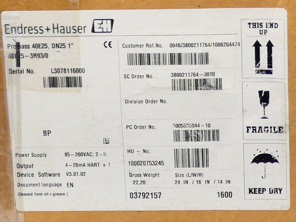 ENDRESS+HAUSER 40E25-3R93/0 40E25-AFTACAAAB4AA 85-260VAC NSMP