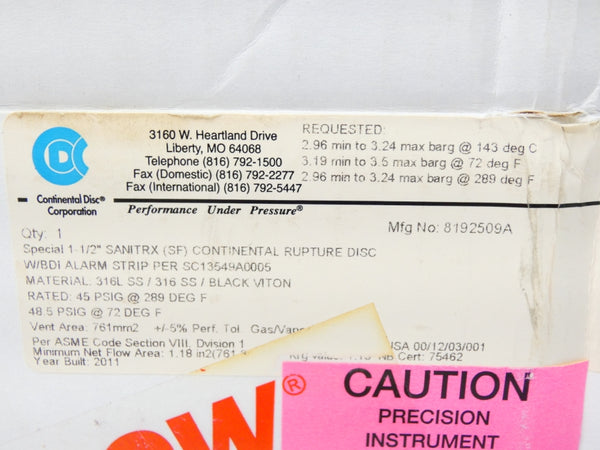 CONTINENTAL DISC SANITRX(SF) 8192509A 48.5PSI (AS PICTURED) NSMP