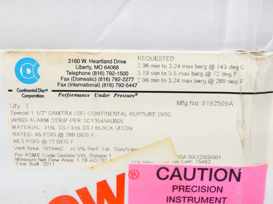 CONTINENTAL DISC SANITRX(SF) 8192509A 48.5PSI (AS PICTURED) NSMP
