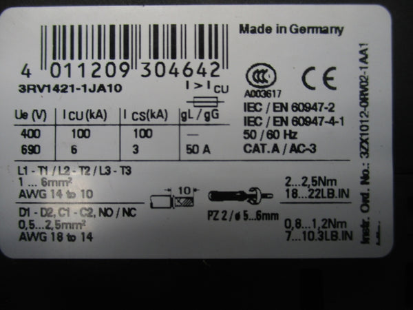 SIEMENS 3RV1421-1JA10 690VAC, 7-10A NSNP